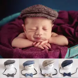 Cute Newborn Baby Peaked Beanie Cap Hat + Bow Tie Photo Photography Prop Infant Boy Caps