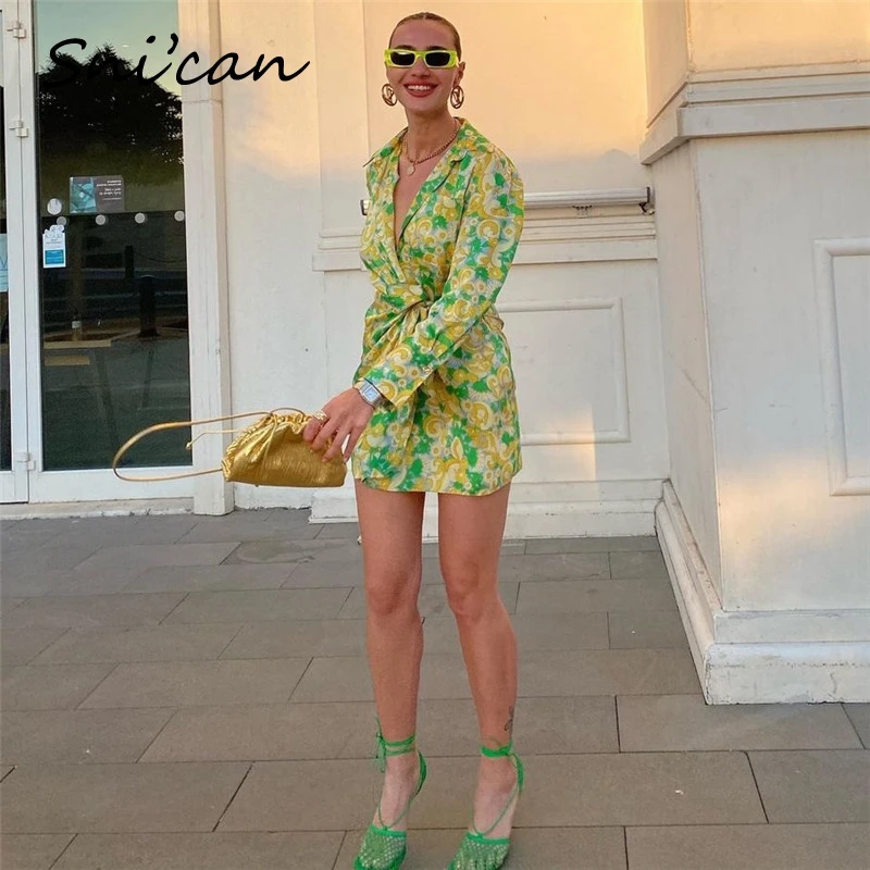 Green Floral Knots Short Dress Za Women 2021 Spring Summer Vintage Long Sleeve Asymmetrical Mini Robes Femme Vestidos Cortos