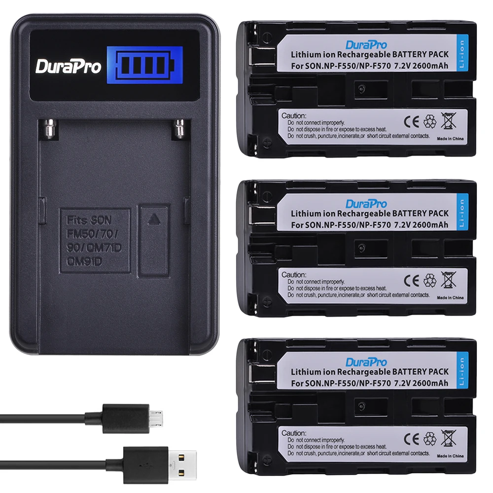 

DuraPro 3pcs NP-F550 NP-F570 F550 2600mAH Battery + LCD USB Charger for Sony NP-F330 NP-F530 NP-F570 NP-F730 NP-F750 CCD-RV100