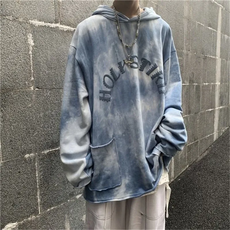 Cool Korean Tie-Dyed Tops Streetwear  Japanese Blue Hip Hop Sweatshirt Men Nice Funny Autumn Harajuku Rock Hoodies Male