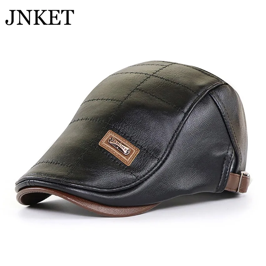 JNKET New Autumn Winter PU Leather Peaked Cap Men Flat Cap Duckbill Cap Beret Hat Outdoor Windproof Waterproof Hat Casquette