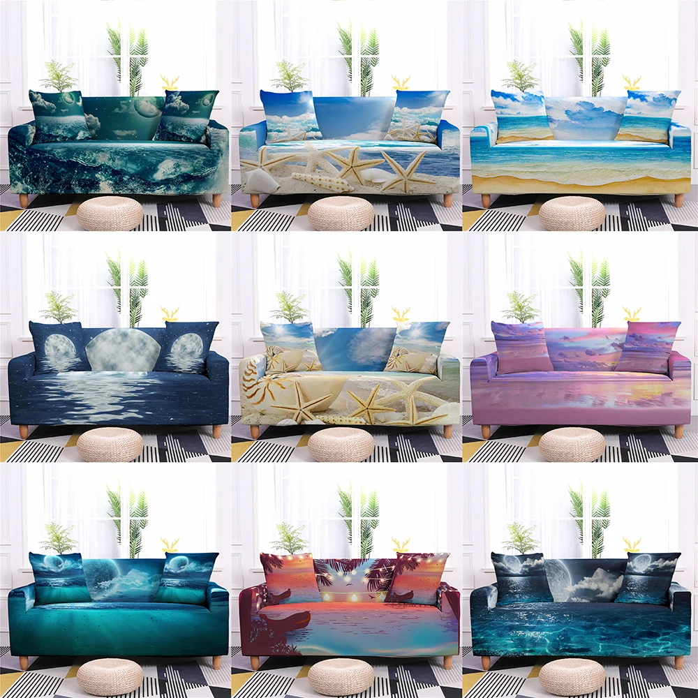 

Sea View Beach Starfish Elastic Sofa Cover Stertch Couch Cover For Living Room Decor Slipcovers 1/2/3/4 Seater 3D Moon Sofa Case