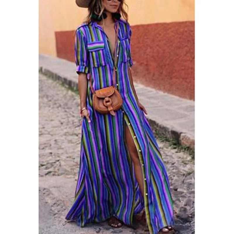 Y2K Long Dress Party Dress Summer Striped A-line Print Boho Beach Dresses Women Short Sleeve Office Shirt Dress