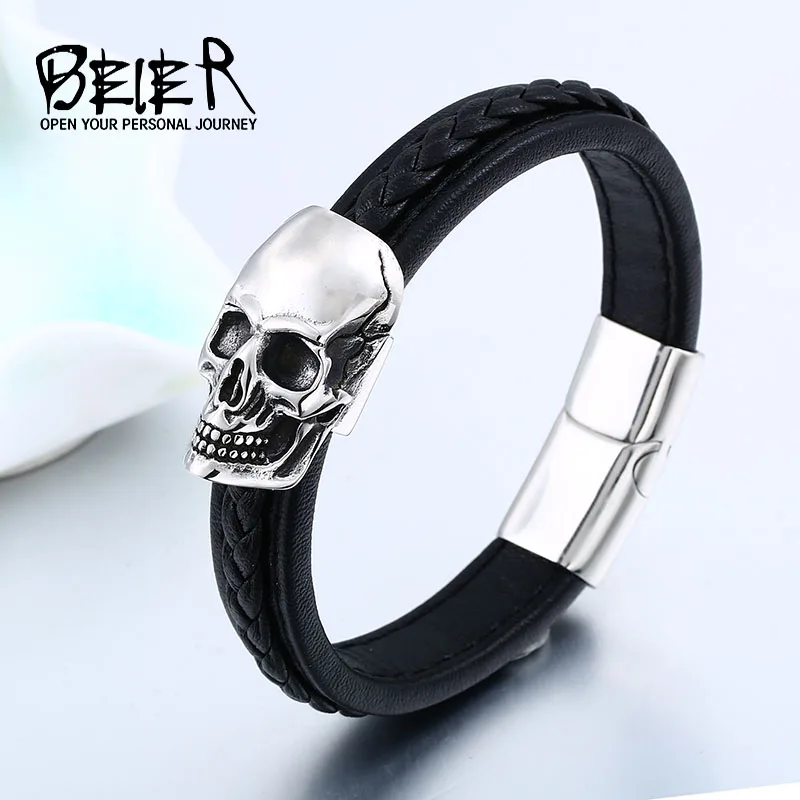 Beier 316L Stainless Steel Men\'s High Quality Leather Skull Bracelet Punk Biker Fashion Gift LLBC-L023L