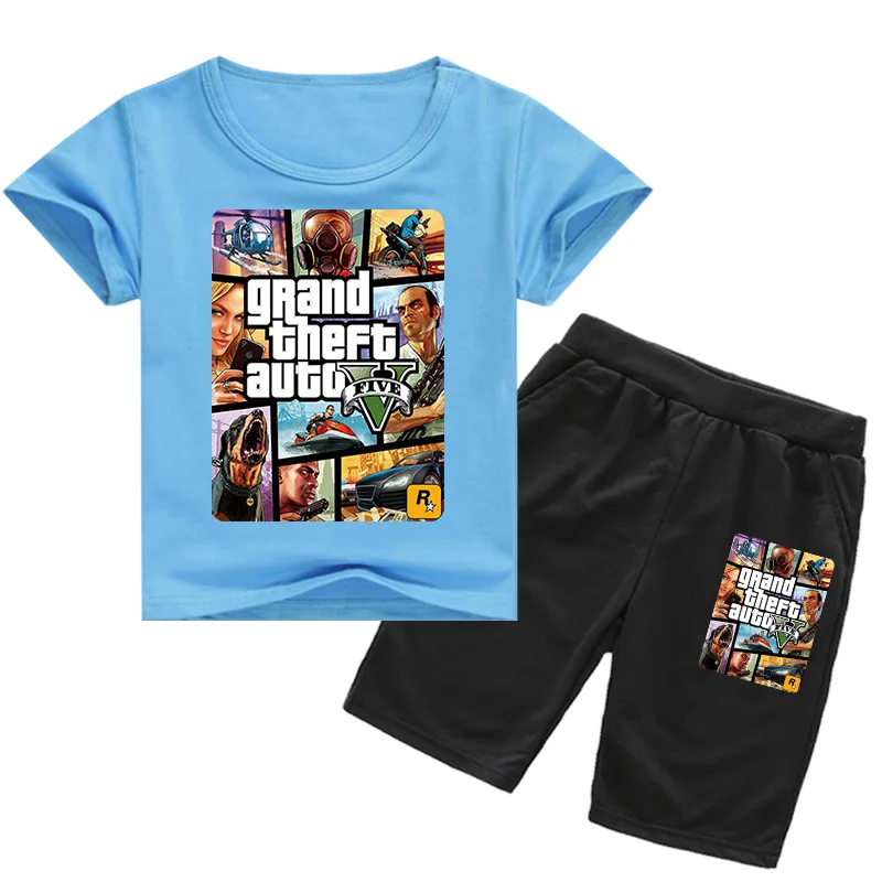 

2021 Summer Grand Theft Auto Gta 5 T Shirt Shorts 2pcs Set Kids Clothes Boys Short Sleeve TrackSuit Boutique Baby Girls Outfits