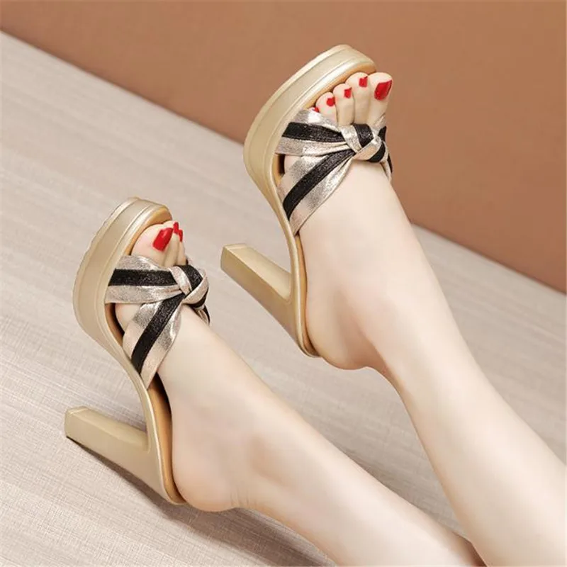 Plus Size 32-43 Open Head Block Heel Platform Slippers Summer  Stripe Elegant High Heels Slides Office Party Shoes