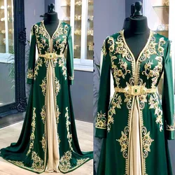 Elegant Green Prom Dress Crystal Beading Satin A-Line Muslim Evening Dresses 2021 V-Neck Embroidery Dubai Party Dress vestidos