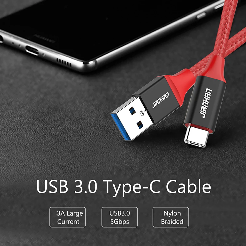 JianHan USB 3.0 Type C Cable for Samsung Galaxy S10 S9 Note 8 9 Xiaomi 3A USB C Fast Charging Data Cable for Huawei P10 P20 Pro