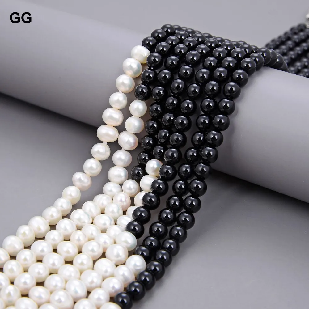 GuaiGuai Jewelry 7 Strands Natural White Pearl Onyx Necklace Multi Strands Pearl Necklace 19\