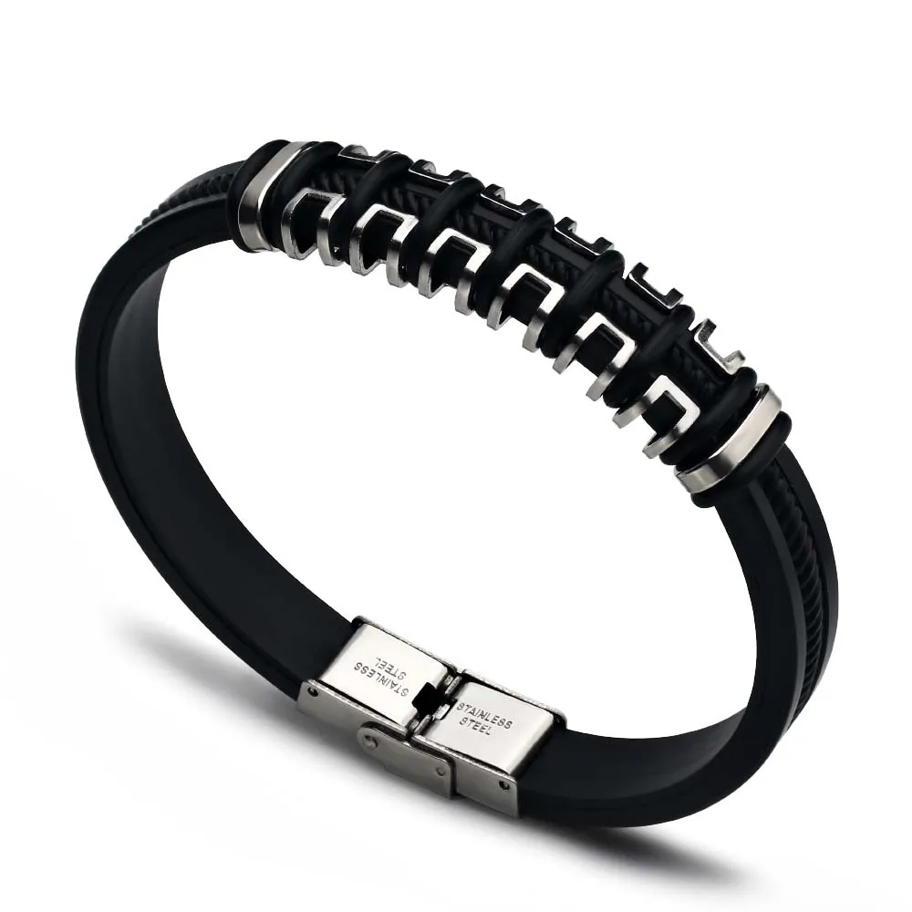 2024 Trend Jewelry Vintage Black Silicone Stainless Steel Bracelet Rubber Cuff Bracelet For Men's Accessories Pulsera