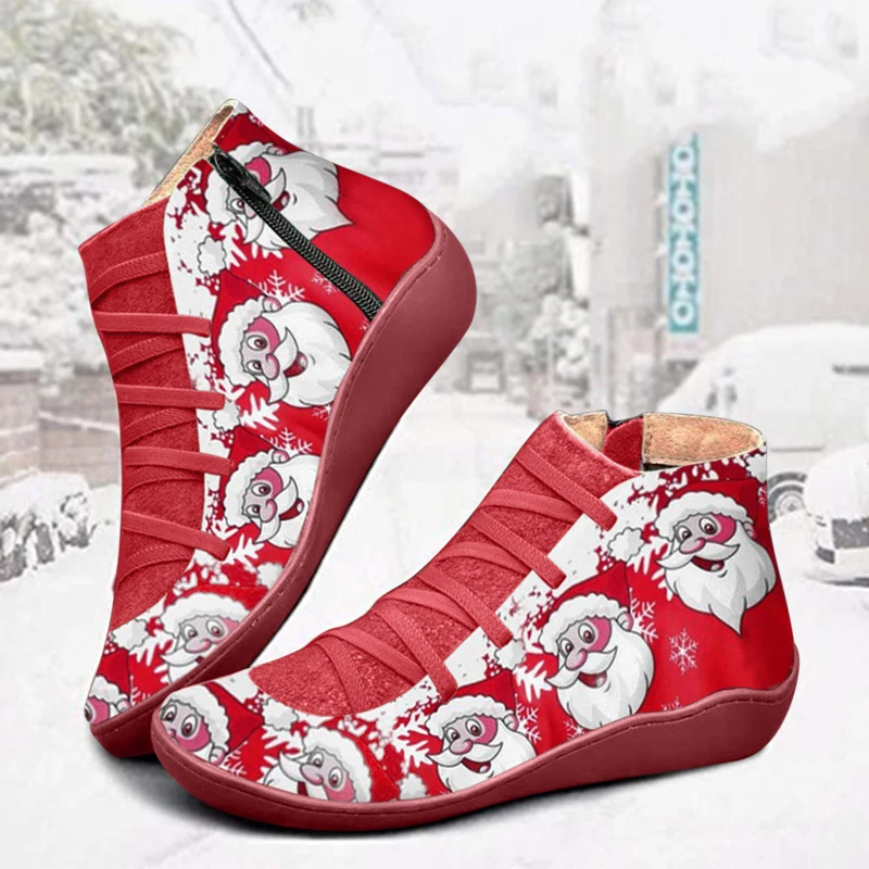 PU Leather Ankle Boots Vintage Lace Up Women Shoes Santa Claus Printing Zipper for Christmas d88