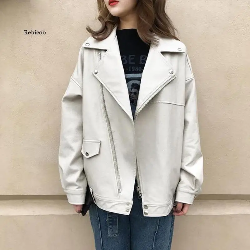 Pu Leather Jacket Women Fashion Bright Colors Beige Motorcycle Coat Short Faux Leather Biker Jacket Soft Jacket Female