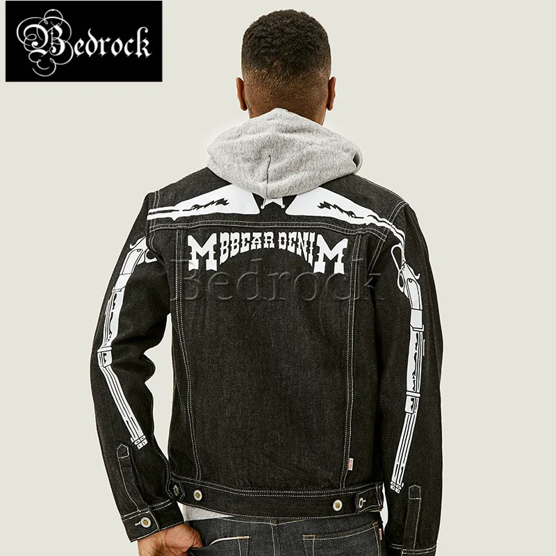 MBBCAR Original design printed jacket for men American vintage raw denim jacket black one washed jacket retro short jacket 391