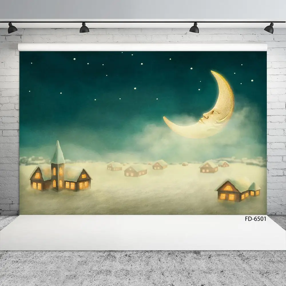 Moon Stars House Snow Photo Background Customized Backdrop Photography Props for Children Baby Home Christmas Party Photobooth