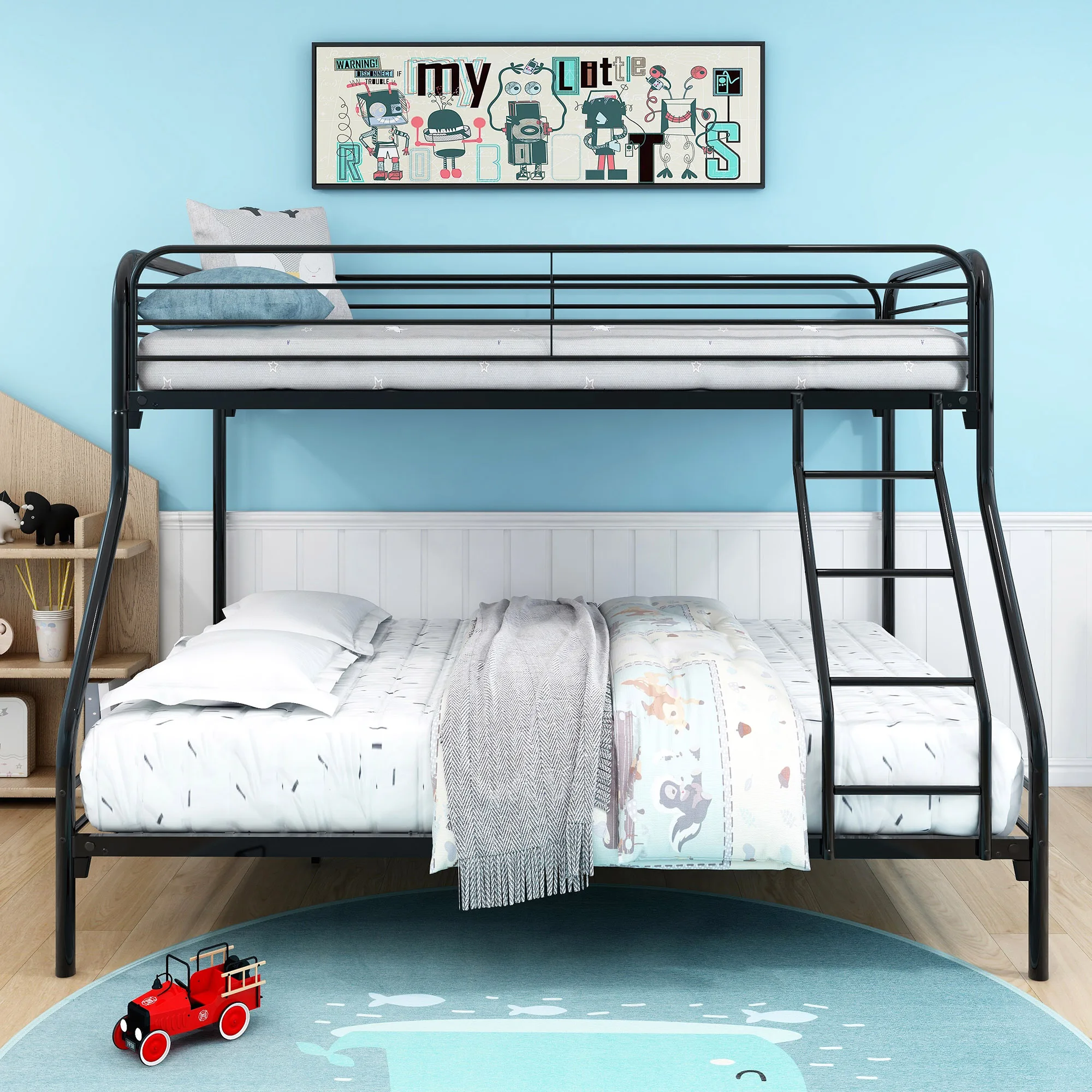 Twin-Over-Full Bunk Bed Frame Closed Upper Bunk Metal Platform Steel Slats With Inclined Ladder Black[US-W]