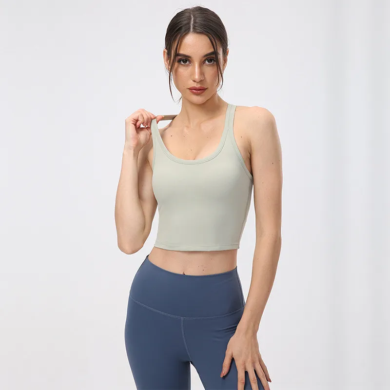 Solid Color Sport Tank Gym Yoga Vest Crop Top Tight Fitness Bra Women Workout Training With Removable Chest Pad Moisture Wicking