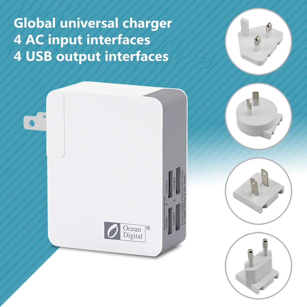 4 USB multiple AC plug combination travel chargers suitable for multiple countries around the world With microchip protection