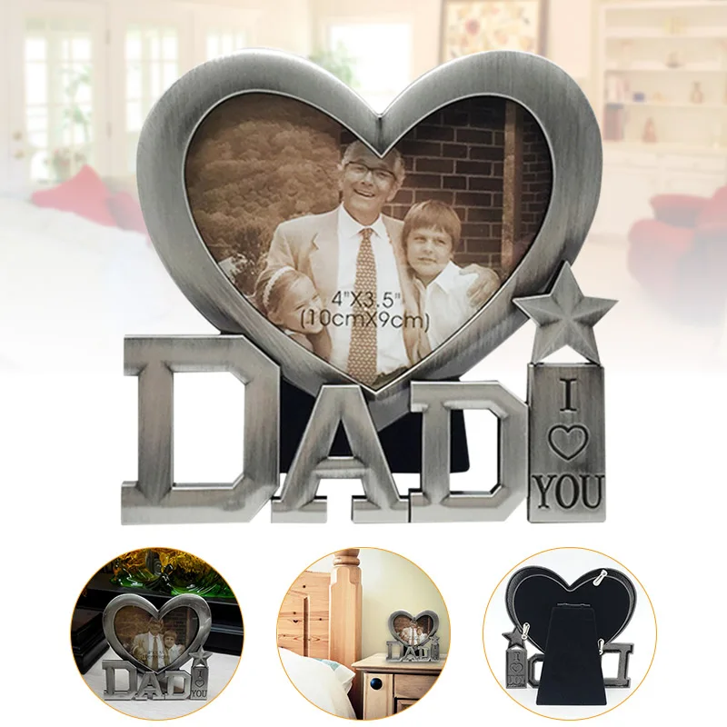 Vintage Decor Photo Frame Art Heart Shape Pictures Frames DIY I Love You Dad Desk Decor for Father Day Gift Family Home Ornament