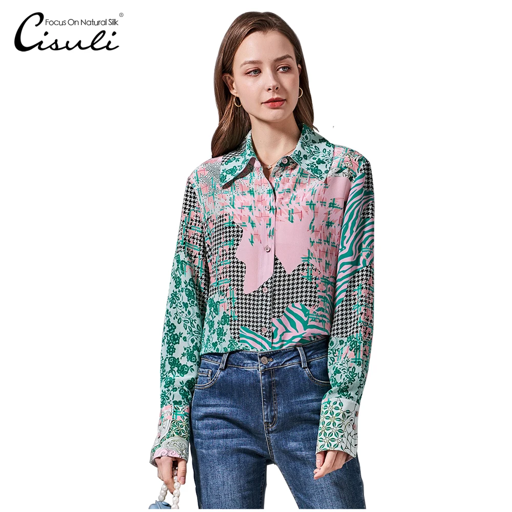 

CISULI 100% Silk Crepe Printed Shirt Pure Soie Women Long Sleeve Shirt Green Pink Colors Plus SIze 3XL/4XL/5XL