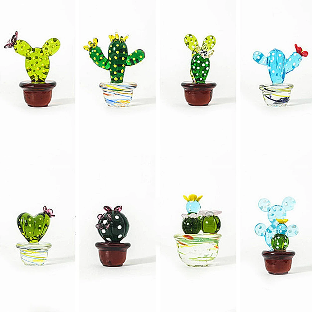 Handmade Glass Cactus Figurines Ornaments Desktop Craft Adornment Creative Colorful Cute Miniature Plant For Home Decor