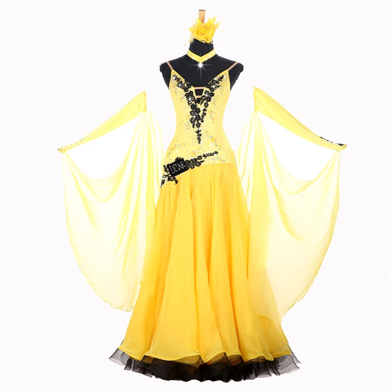 Vestido de baile de salón, falda estándar, competición, actuación, bordado amarillo personalizado para adultos, nuevo