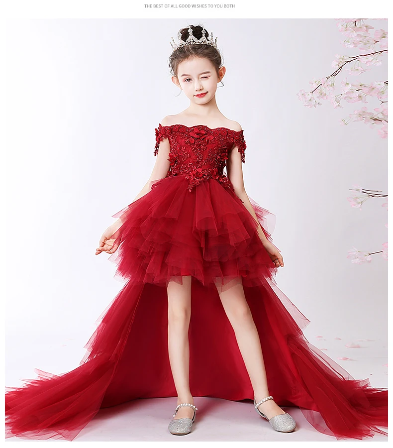 Flower Girl Bead Decoration Dress Trailing Girl Wedding Party Pageant Dress Ball Beauty Off Shoulder Kids Princess Dresses