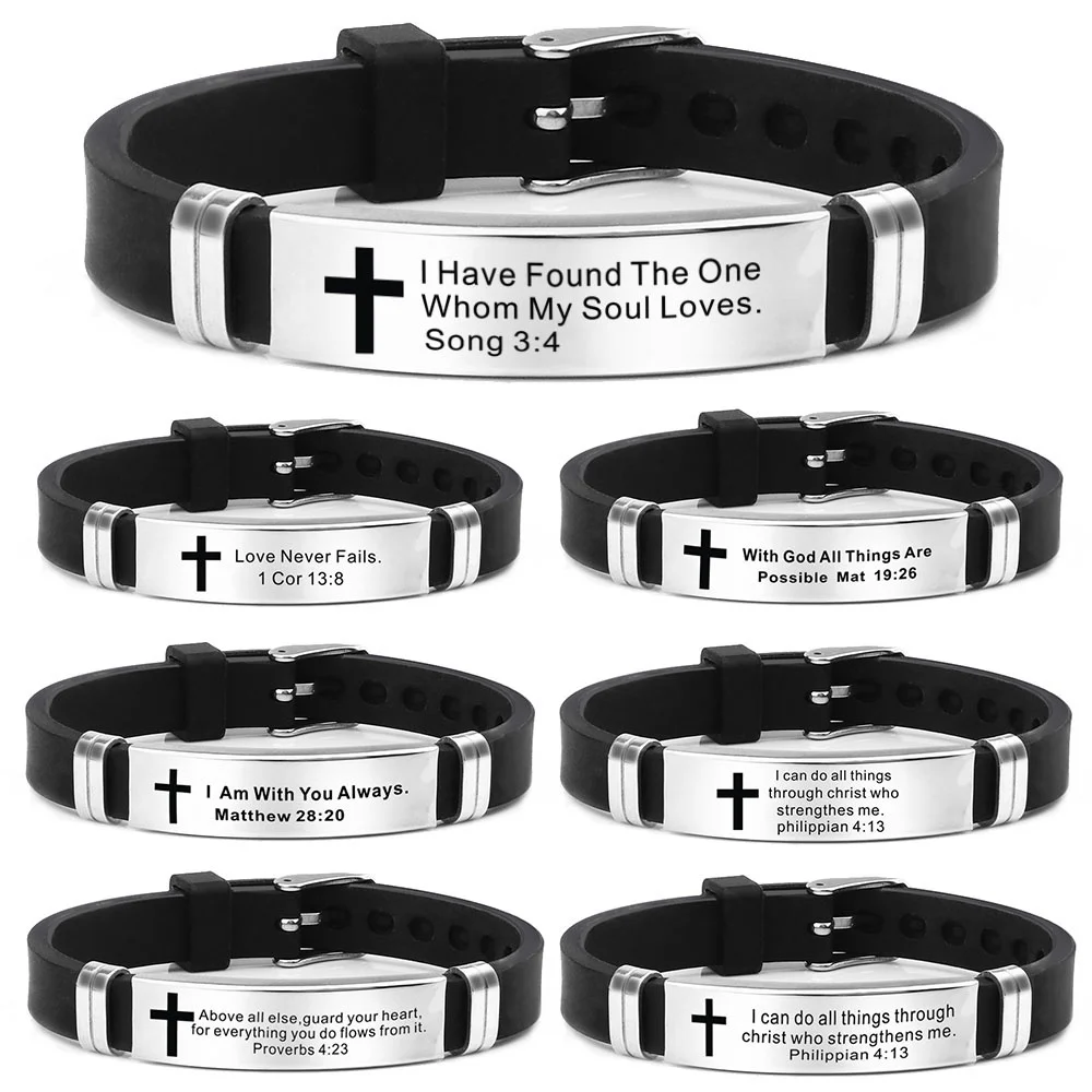 Christian Bible cross Scripture Bracelet Stainless Steel love never fails silica gel watch band hand браслеты bracelet for women