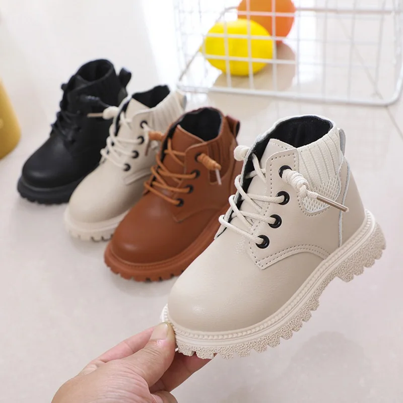 Children Fashion Casual Shoes Spting Autumn  Boots Girls Boys Leather Soft Antislip T-tied Boots Sport Running Shoe 21-30