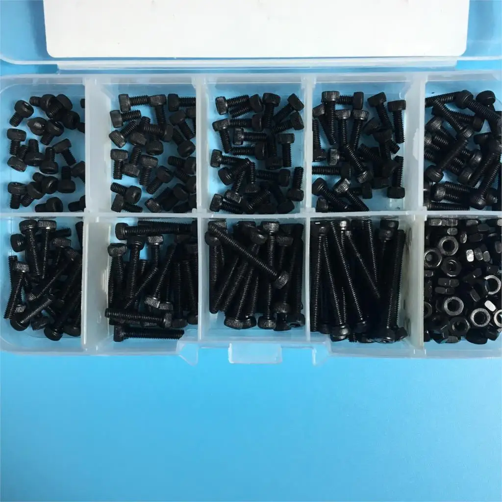 Hex Socket Allen Bolt Head Screw And Nut Assortment Kit Set 300pcs/set Black Machine M2*3/4/5/6/8/10/12/16/20 + Alloy Steel