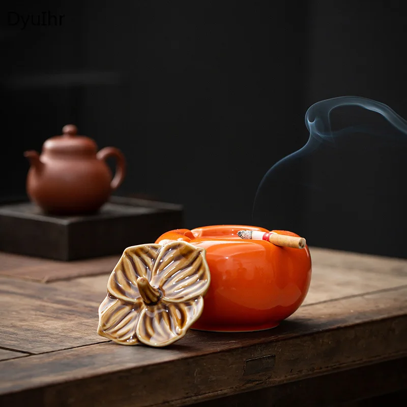 DyuIhr creative simulation persimmon ashtray ceramic crafts with cover anti-fly ash office supplies ashtray home decoration