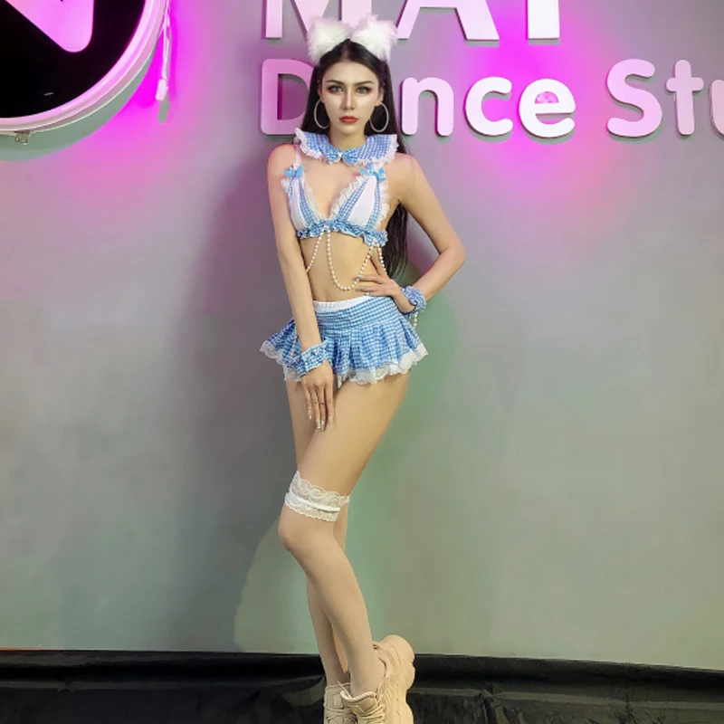 Nieuwe Nachtclub Zangeres Stage Performance Kostuums Blauw Kant Rok Vrouwen Groep Cheerleader Bikini Pak Rave Outfits DQL5649