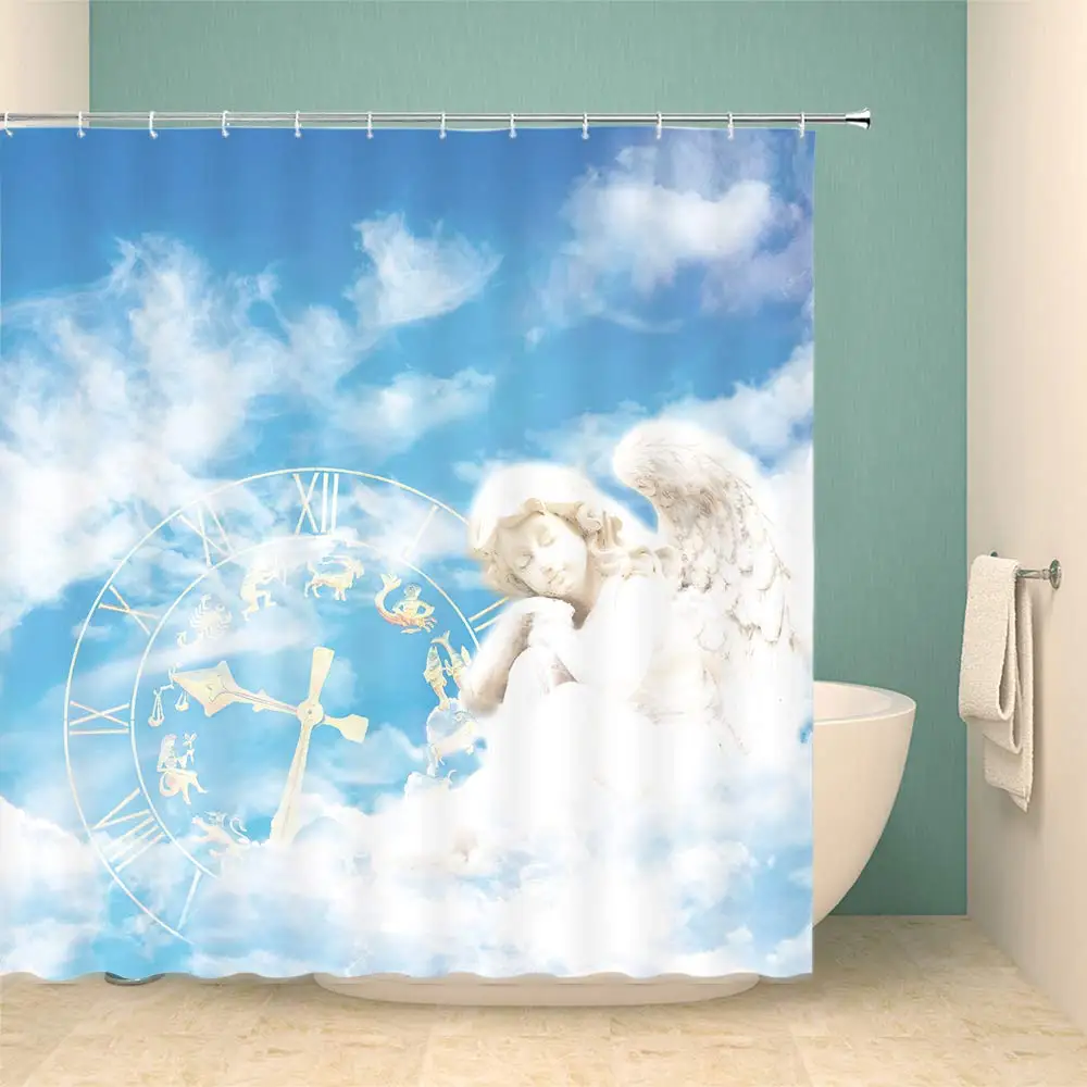 Love Shower Curtain Angel Cupid Sitting on Cloud Love Arrow Roman Digital Clock Cloth Fabric Bathroom Decor