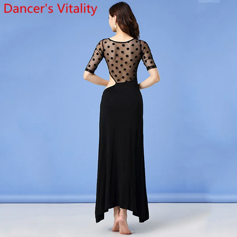 Winter Women Belly Dance Practice Clothes Cut out Mesh Modal Patchwork Dress Oriental Indian Dancing Stage Training Garments