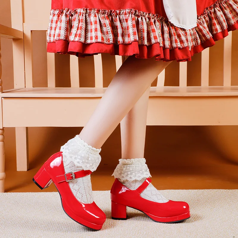 Sapatos de couro PU estilo lolita para meninas, salto quadrado, brilhante, cosplay, Mary Jane, sapato uniforme, plus size, 3-17, primavera, outono