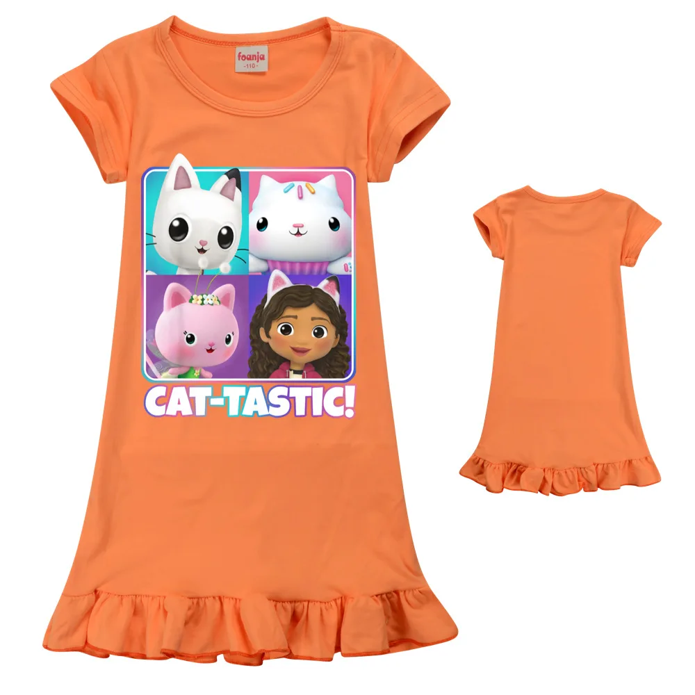 2021 New Kids Clothes Girls Gabby Cats Tastic Pajamas Dress Summer Short Sleeve Nightgown Children Home Wear Birthday Clothing