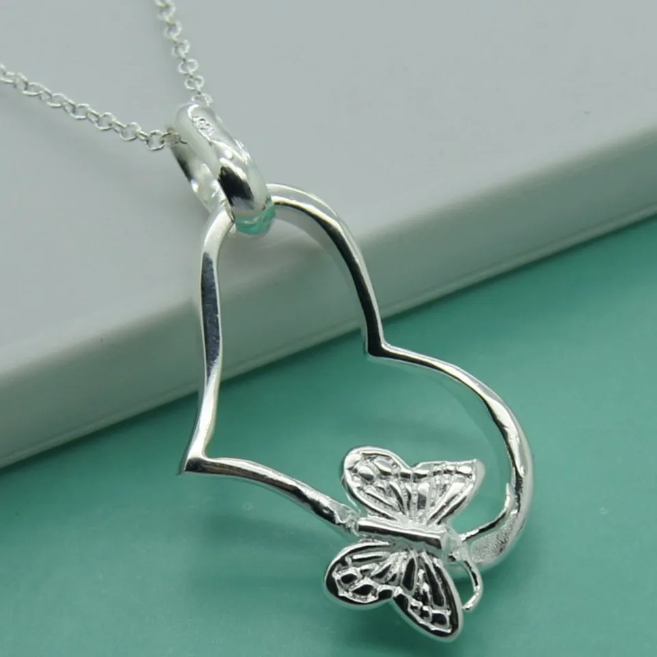 Wholesale Fashion 925 Silver Silver Butterfly Heart Pendants Necklace For Women Jewelry