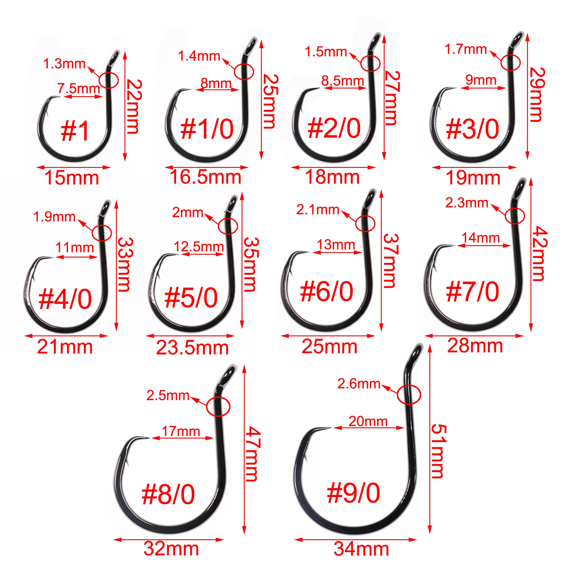 100pcs Freshwater Saltwater Fishing Hooks Black Nickle Barbed Circle Hook High Carbon Steel Bait Hook for Catfish Tuna 10 Sizes