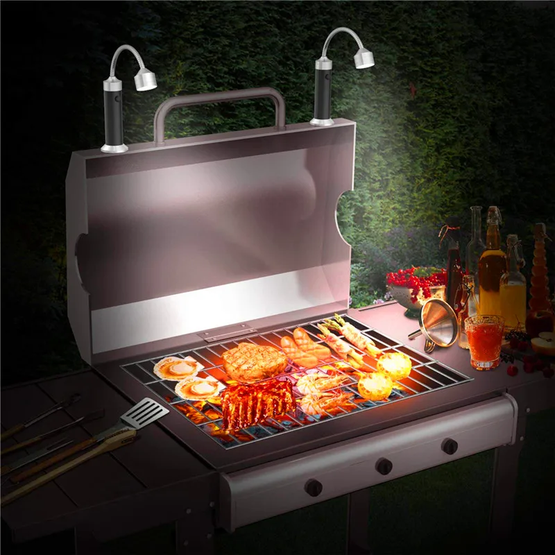 D2 2Pcs Portable Magnetic LED Grill Light Lamp 360 Degree Adjustable BBQ Barbecue Grilling Lights Outdoor Grill Lighting Tools