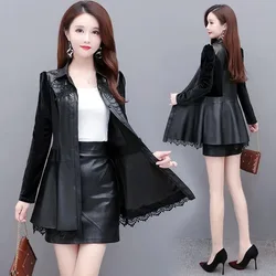 Fashion New Lace Mid-Length Splicing Leather Shirt Women's Coat Single-Breasted Spring Autumn Ladies Leather Jacket S-6XL