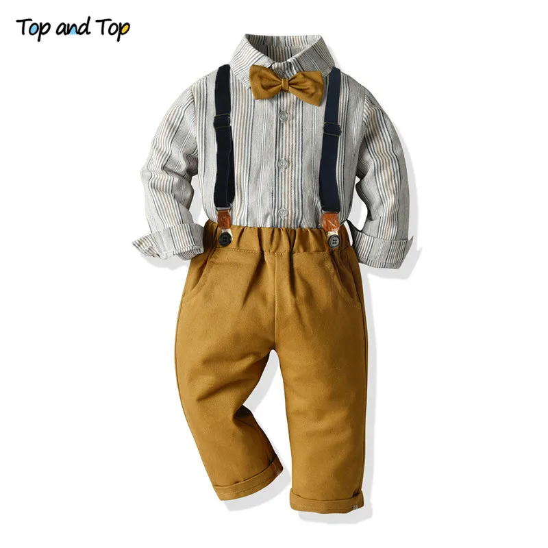 Top and Top Autumn Winter Infant Boys Casual Clothing Set Long Sleeve Striped Bowtie Shirt+Suspender Pants Baby Gentleman Outfit