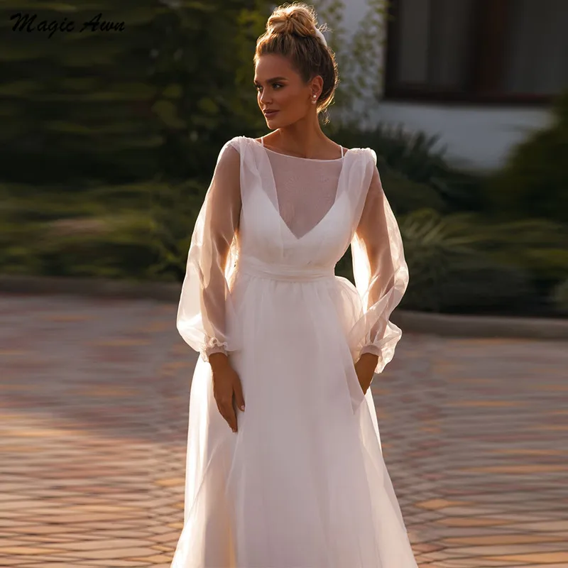 Magic Awn – Robe De mariée en Organza, style bohème, manches longues, Illusion De plage, ligne a, Simple, nouvelle collection 2021