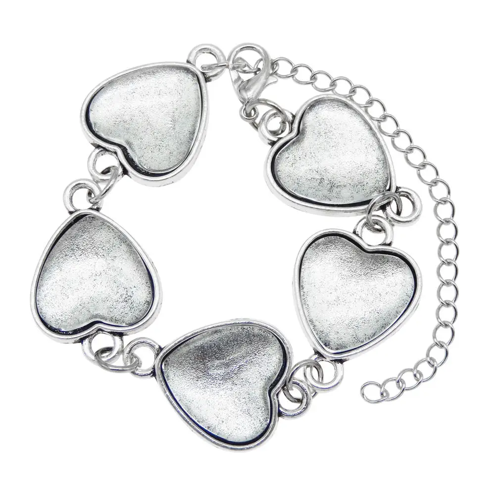 Heart Shape Cabochon Setting Antique Silver Color Connector Base Bracelet Bezel Blank With Glass For Bracelet Making Accessory