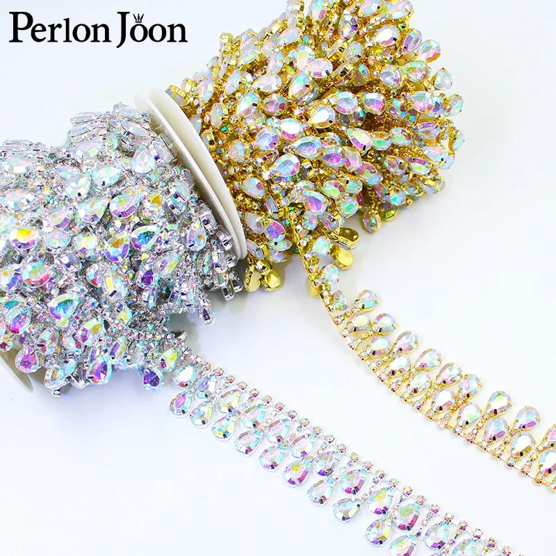 Gold Silver AB Color Rhinestone Trim Acrylic Crystal Water Drop Pendant Beard Chain Curtain Skirt Trim Decorative ML148