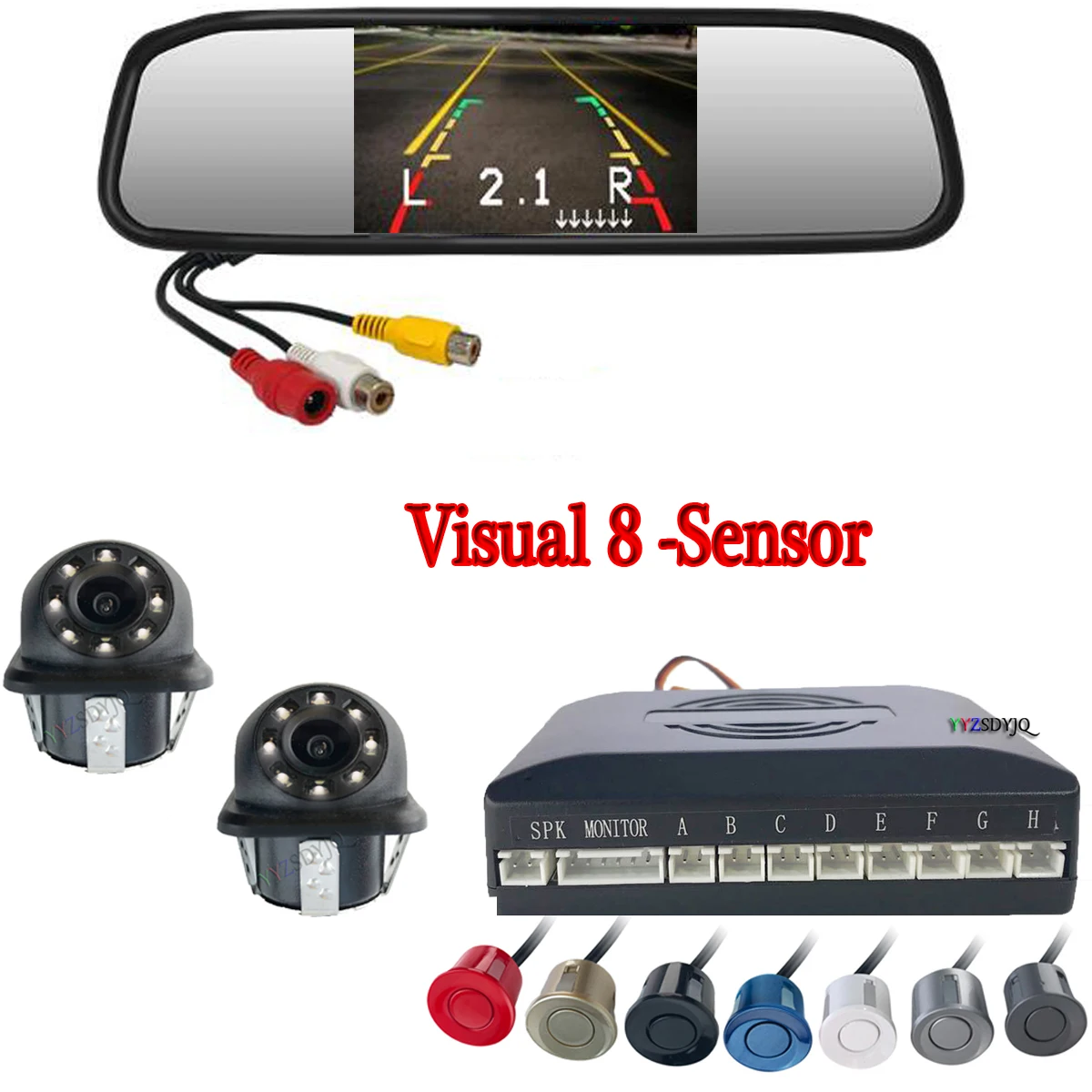 

Car 4.3" Rearview Mirror Monitor 2x 20mm CCD Front/ Rear Camera Dual Rearview Video Visual Parking 8-Sensor Radar System