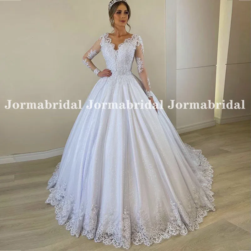 

Luxury White Ball Gown Wedding Dresses V-Neck Long Sleeves Appliques Lace Custom Made Shiny Sparkly Glitter Tulle Bridal Gowns