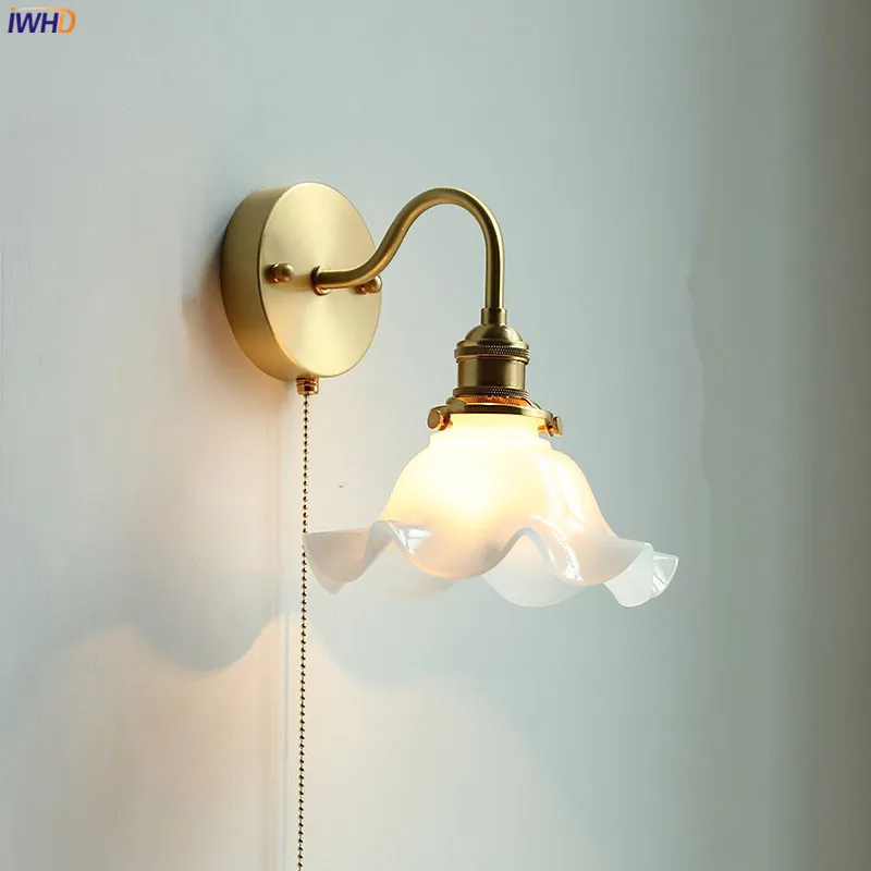 

IWHD White Glass LED Wall Light Fixtures Pull Chain Switch Bedroom Bathroom Mirror Copper Nordic Wall Sconce Wandlamp Luminaria