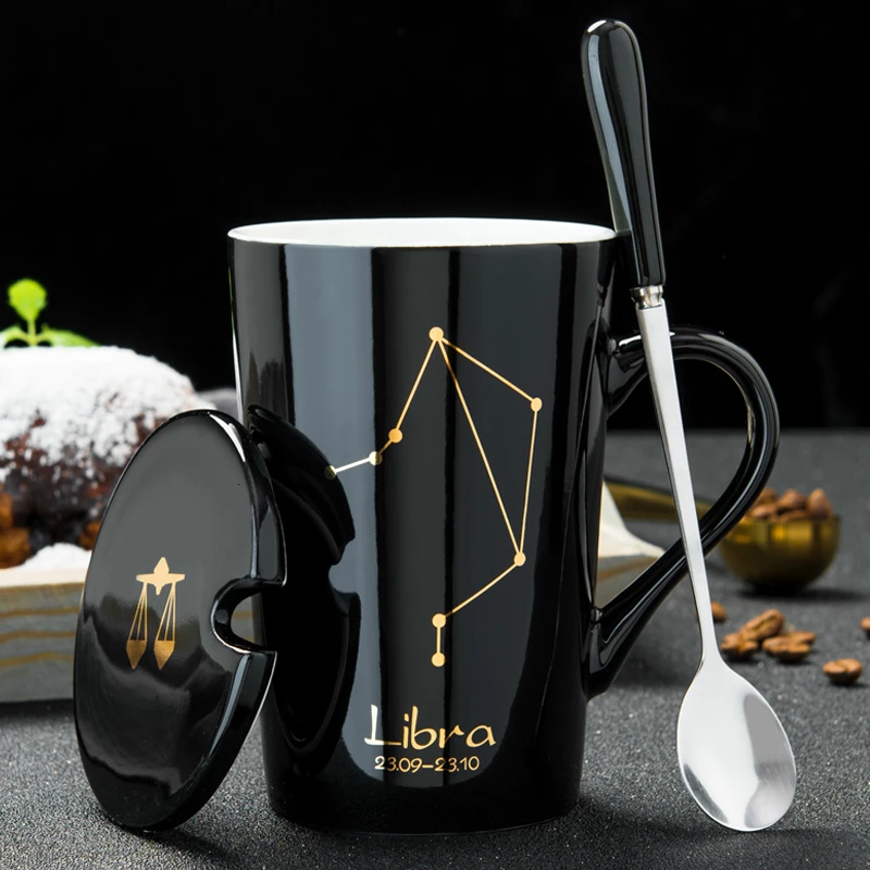 Ceramic Mugs 12 Constellations Creative Mugs With Spoon Lid Black Mug Porcelain Zodiac Milk Coffee Cup Drinkware Couples Gift