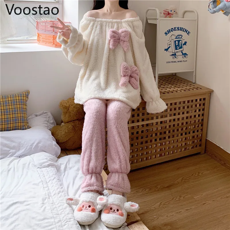 Autumn Winter Women Sweet Lolita Coral Fleece Pajamas Sets Cute Bow Warm Homewear Sleepwear Girls Kawaii Lounge Pyjamas 2PC Set