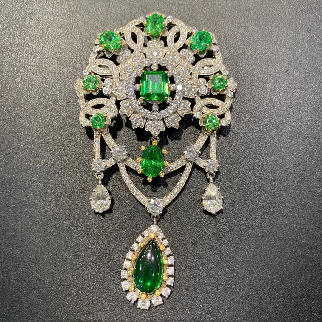 vintage green color 925 sterling silver with cubic zircon brooch palace court style royal 95*51MM fine women jewelry