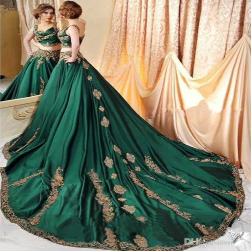 Indian Abaya Green 2 Piece Evening Dress with Gold Lace Applique Prom Gowns Sexy Saudi Arabic Beaded Formal Dress Customzied